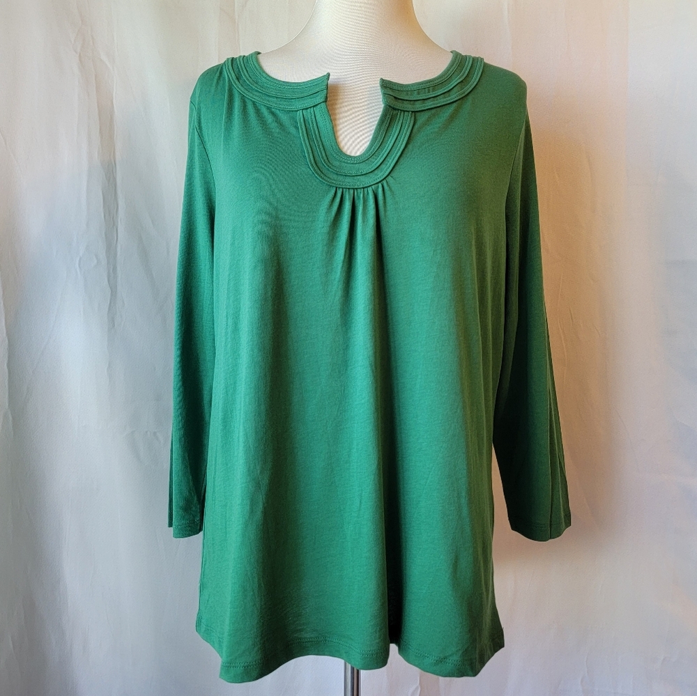 Talbots Emerald Green Cotton Modal Shirt Tunic 3/4 Sleeve Scoop‎ XL Petite Split